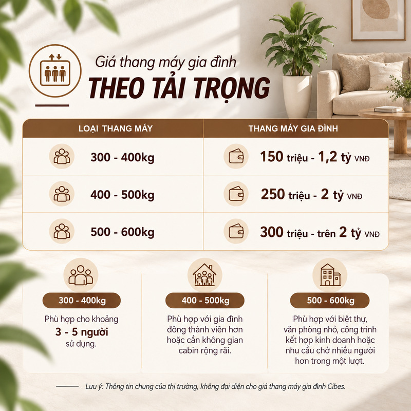 Báo giá thang máy gia đình theo tải trọng